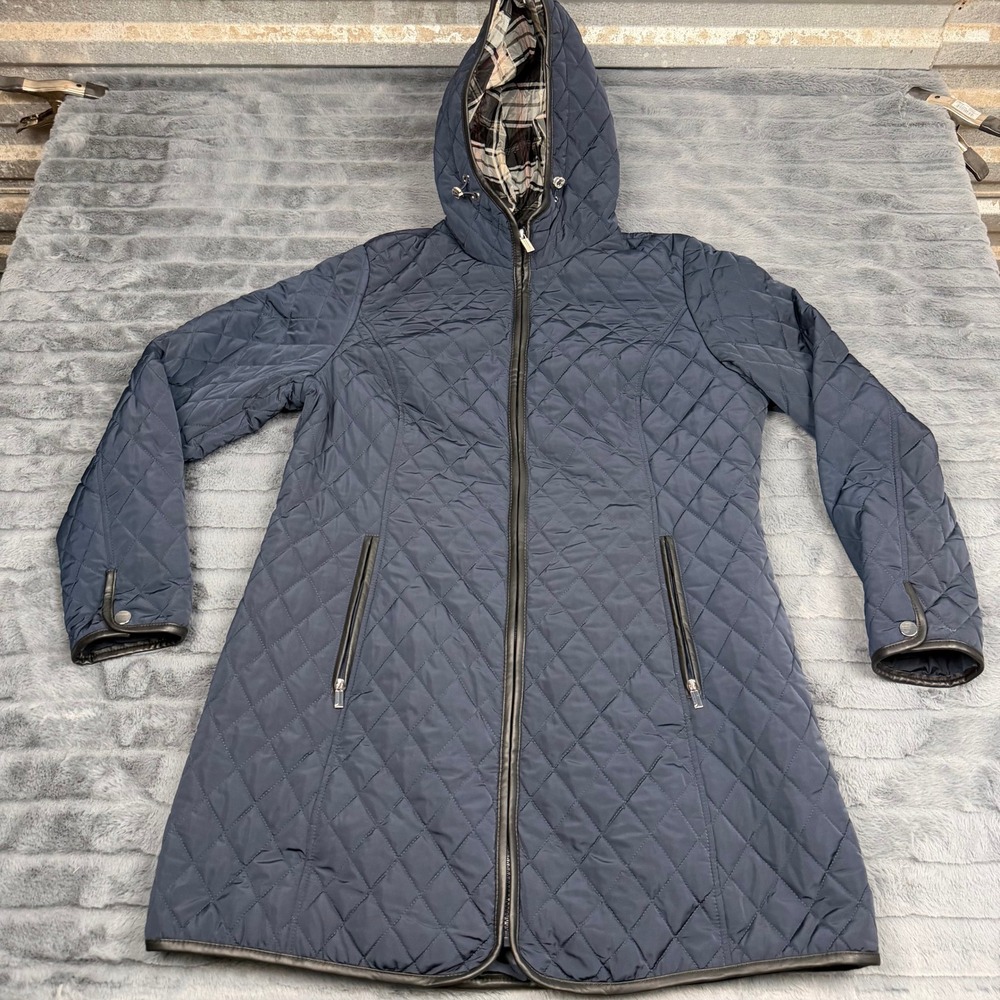 Jones New York Women Navy Blue Quilted Hooded Parka Jacket Faux Leather Trim L